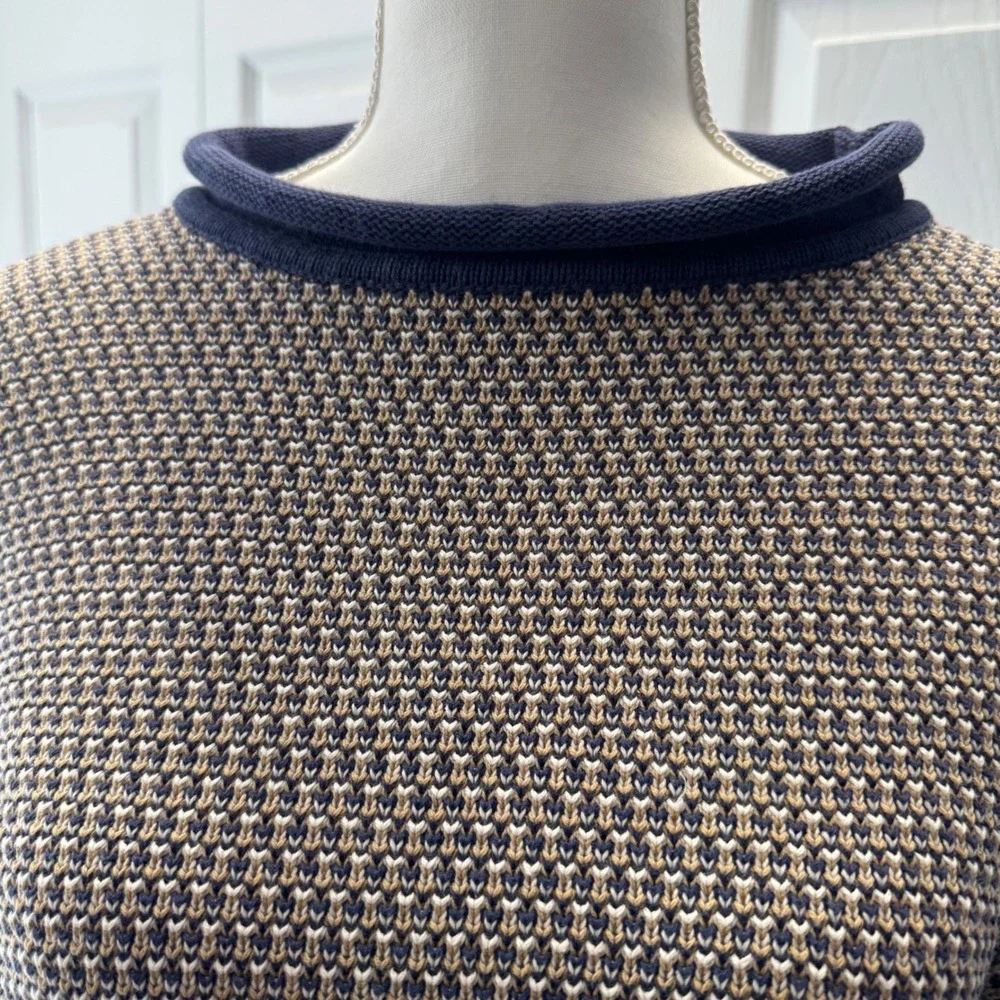 Vintage Ann Taylor Cotton Birds Eye Knit Sweater Navy Tan Roll Neck Pullover M